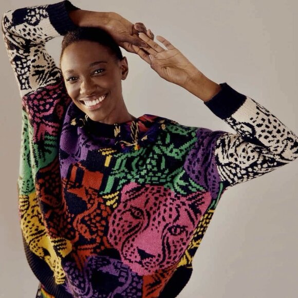 FARM Rio Rainbow Mixed Midnight Leopards Colorful Chunky Knit Pullover Sweater - Picture 1 of 16